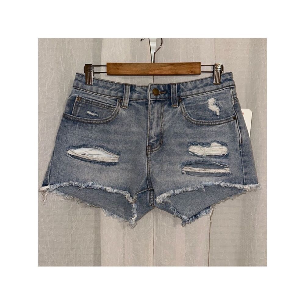 BILLABONG 27 Drift Away Blue Light Wash Raw Fringe Hem Distressed Denim Shorts